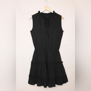 Black Sleeveless V Neck Ruffled Swing Mini Dress Size Medium